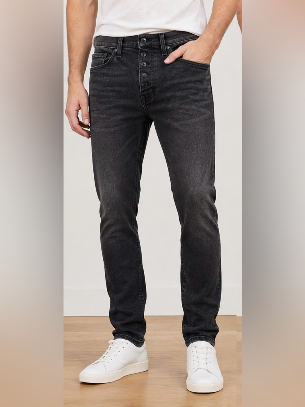 Rag & Bone Lyon Slim Jeans Mens 33 Black Gray Wash Stretch Button Fly Denim